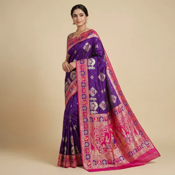 Purple_And_Rani_Banarasi_Silk_Saree_And_Unstitched_Blouse_For_Women