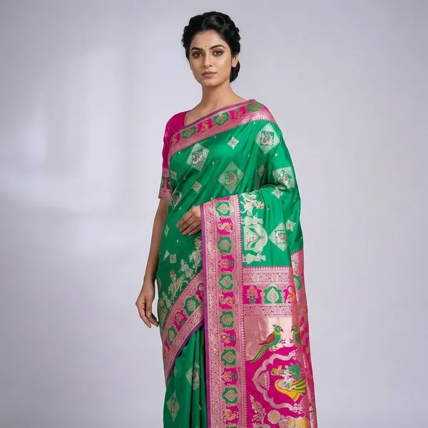 Green_And_Rani_Banarasi_Silk_Saree_And_Unstitched_Blouse_For_Women