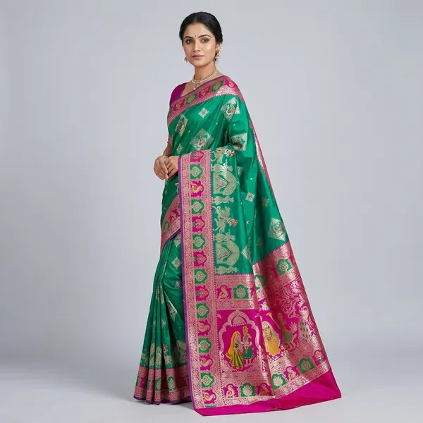 Green_And_Rani_Banarasi_Silk_Saree_And_Unstitched_Blouse_For_Women