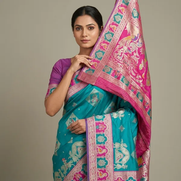 Rama_And_Pink_Banarasi_Silk_Saree_And_Unstitched_Blouse_For_Women