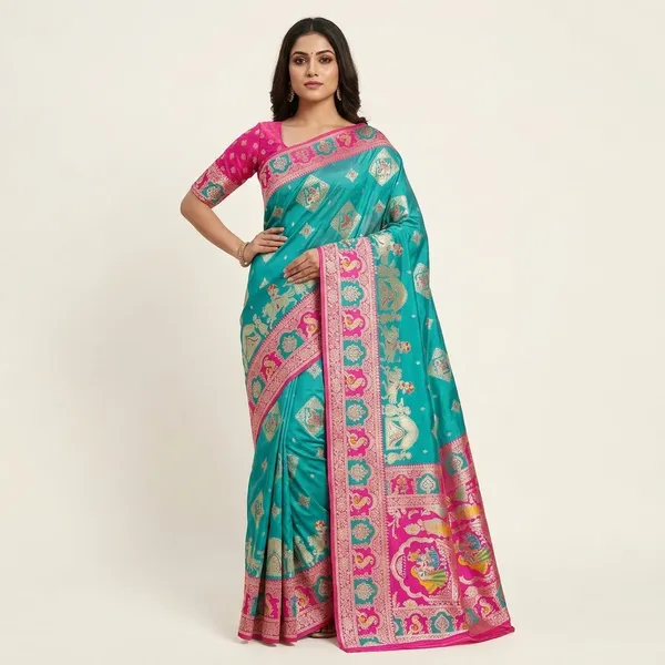 Rama_And_Pink_Banarasi_Silk_Saree_And_Unstitched_Blouse_For_Women
