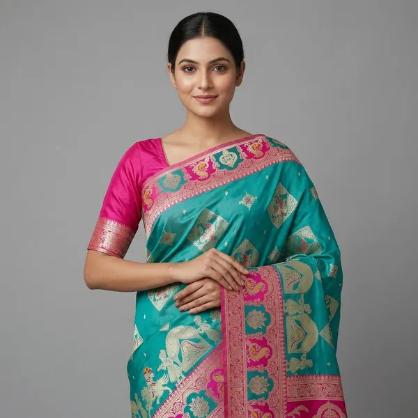 Rama_And_Pink_Banarasi_Silk_Saree_And_Unstitched_Blouse_For_Women