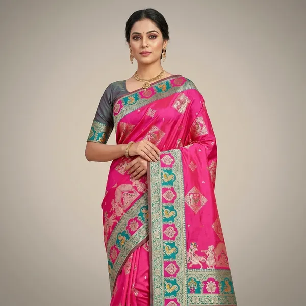 Rani_And_Green_Banarasi_Silk_Saree_And_Unstitched_Blouse_For_Women