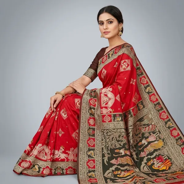 Red_And_Maroon_Banarasi_Silk_Saree_And_Unstitched_Blouse_For_Women