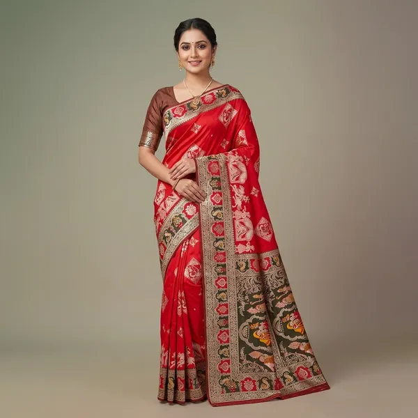 Red_And_Maroon_Banarasi_Silk_Saree_And_Unstitched_Blouse_For_Women