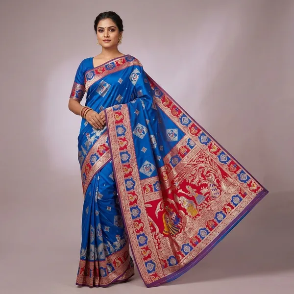 Royal_Blue_And_Rani_Banarasi_Silk_Saree_And_Unstitched_Blouse_For_Women