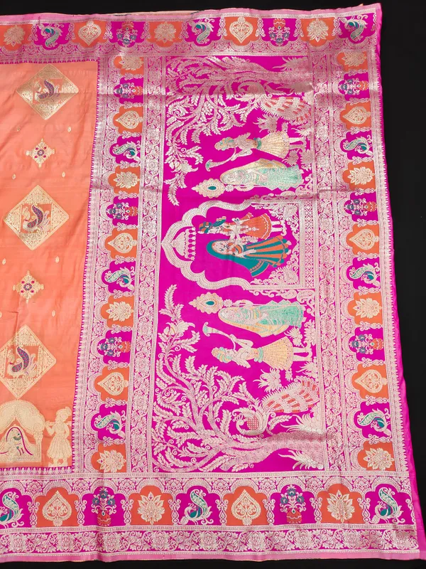 Orange_And_Rani_Banarasi_Silk_Saree_And_Unstitched_Blouse_For_Women
