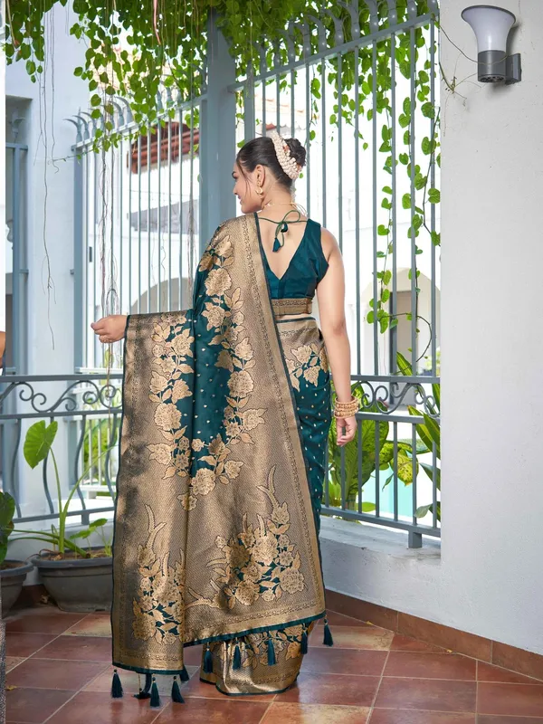 Teal_Blue_Golden_Floral_Silk_Saree_|_Designer_Wedding_Saree