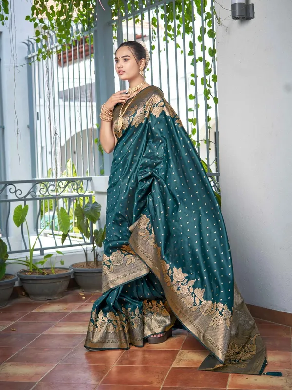 Teal_Blue_Golden_Floral_Silk_Saree_|_Designer_Wedding_Saree