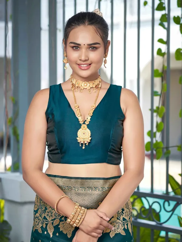 Teal_Blue_Golden_Floral_Silk_Saree_|_Designer_Wedding_Saree