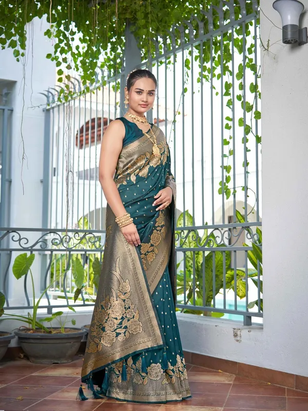 Teal_Blue_Golden_Floral_Silk_Saree_|_Designer_Wedding_Saree