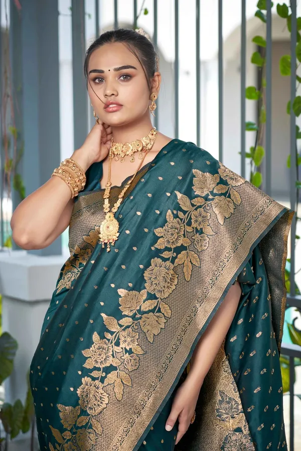 Teal_Blue_Golden_Floral_Silk_Saree_|_Designer_Wedding_Saree