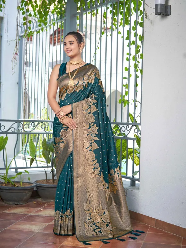 Teal_Blue_Golden_Floral_Silk_Saree_|_Designer_Wedding_Saree