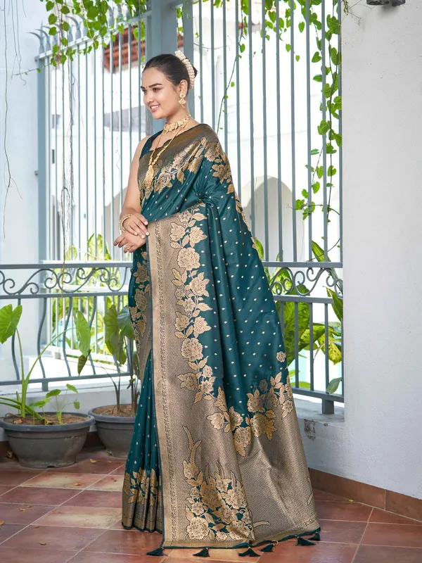 Teal_Blue_Golden_Floral_Silk_Saree_|_Designer_Wedding_Saree