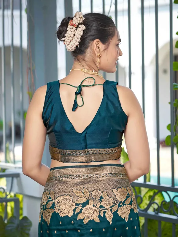 Teal_Blue_Golden_Floral_Silk_Saree_|_Designer_Wedding_Saree