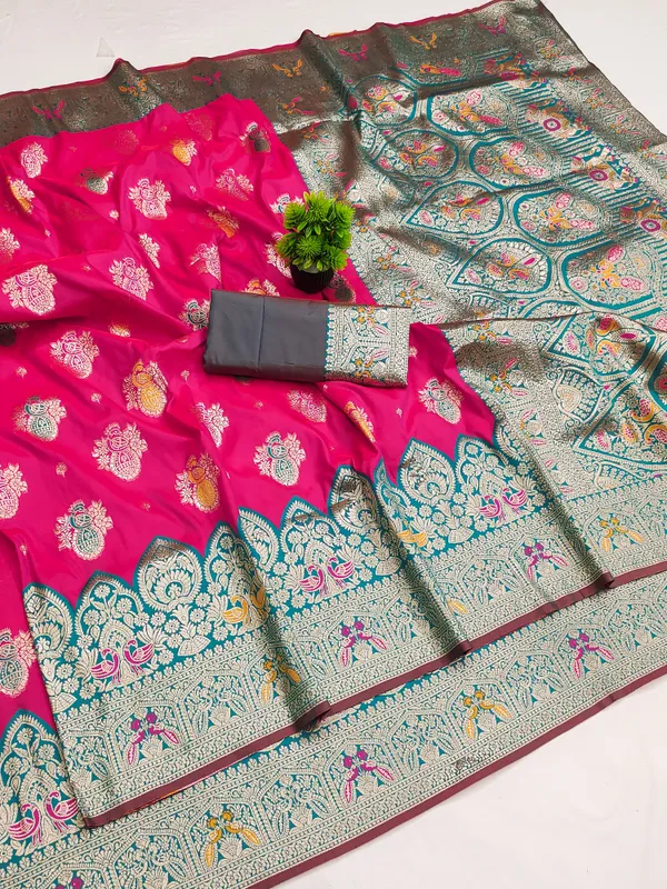Rani_And_Green_Banarasi_Silk_Saree_And_Unstitched_Blouse_For_Women