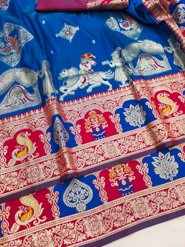Royal_Blue_And_Rani_Banarasi_Silk_Saree_And_Unstitched_Blouse_For_Women