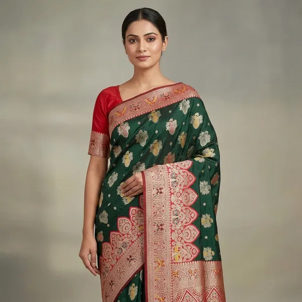 Green_And_Red_Banarasi_Silk_Saree_And_Unstitched_Blouse_For_Women