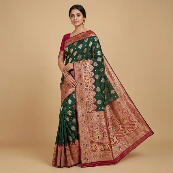 Green_And_Red_Banarasi_Silk_Saree_And_Unstitched_Blouse_For_Women