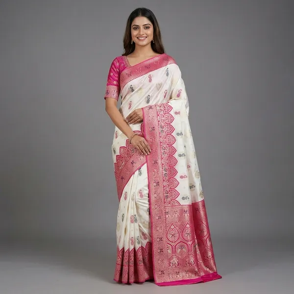 Cream_And_Pink_Banarasi_Silk_Saree_And_Unstitched_Blouse_For_Women