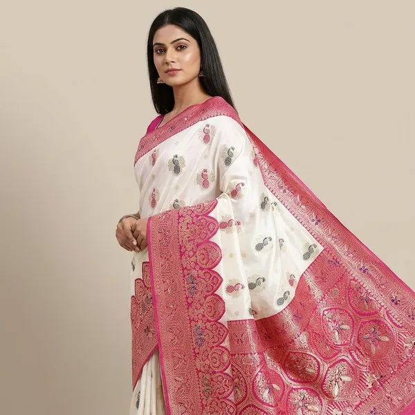 Cream_And_Pink_Banarasi_Silk_Saree_And_Unstitched_Blouse_For_Women