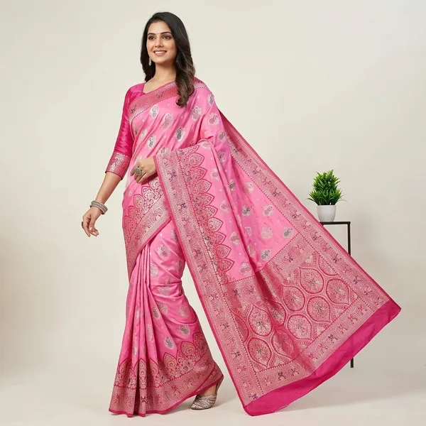 Deep_Pink_And_Pink_Banarasi_Silk_Saree_And_Unstitched_Blouse_For_Women