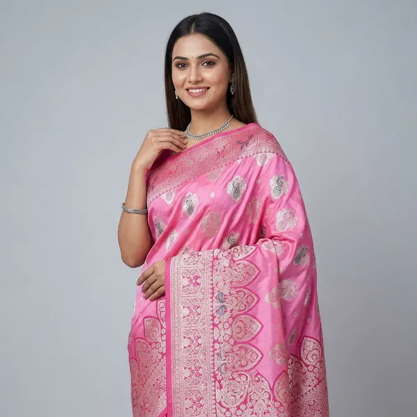 Deep_Pink_And_Pink_Banarasi_Silk_Saree_And_Unstitched_Blouse_For_Women