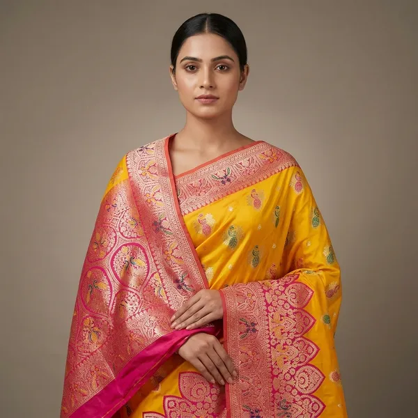 Gold_And_Rani_Banarasi_Silk_Saree_And_Unstitched_Blouse_For_Women