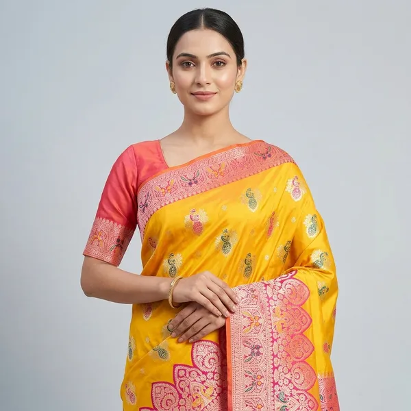Gold_And_Rani_Banarasi_Silk_Saree_And_Unstitched_Blouse_For_Women