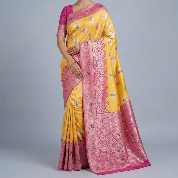 Gold_And_Pink_Banarasi_Silk_Saree_And_Unstitched_Blouse_For_Women