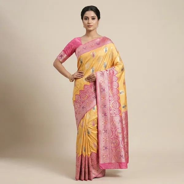 Gold_And_Pink_Banarasi_Silk_Saree_And_Unstitched_Blouse_For_Women