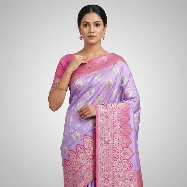 Lavender_And_Pink_Banarasi_Silk_Saree_And_Unstitched_Blouse_For_Women
