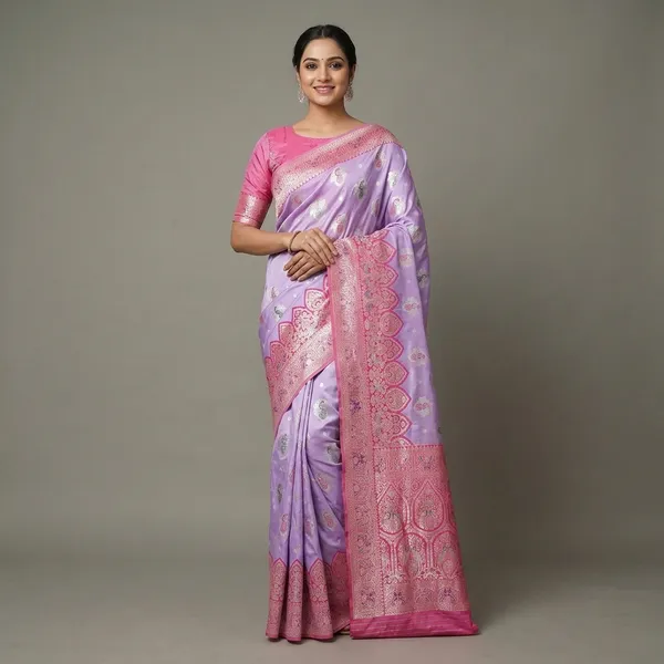 Lavender_And_Pink_Banarasi_Silk_Saree_And_Unstitched_Blouse_For_Women