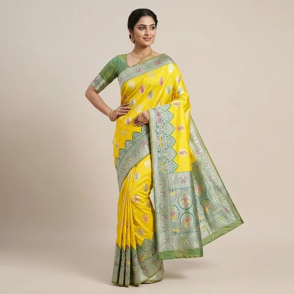 Yellow_And_Green_Banarasi_Silk_Saree_And_Unstitched_Blouse_For_Women