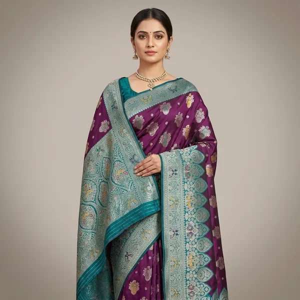 Magenta_And_Rama_Banarasi_Silk_Saree_And_Unstitched_Blouse_For_Women