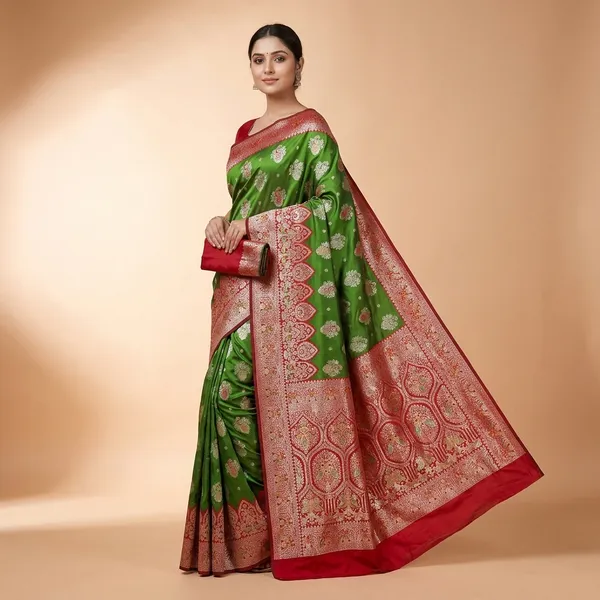 Mehendi_And_Red_Banarasi_Silk_Saree_And_Unstitched_Blouse_For_Women
