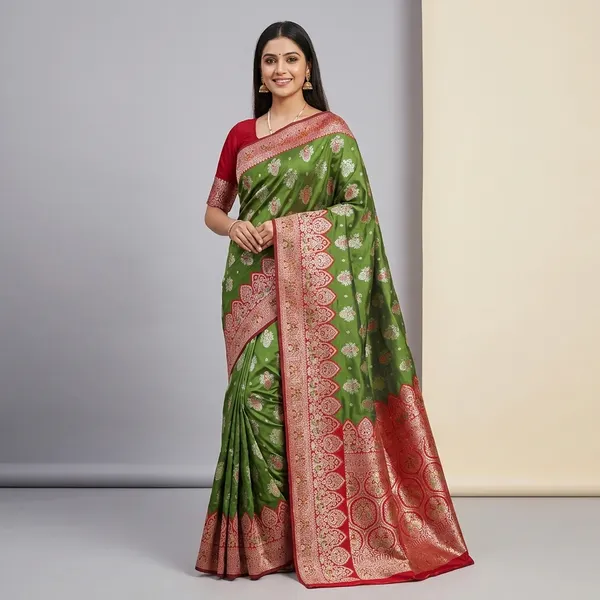 Mehendi_And_Red_Banarasi_Silk_Saree_And_Unstitched_Blouse_For_Women