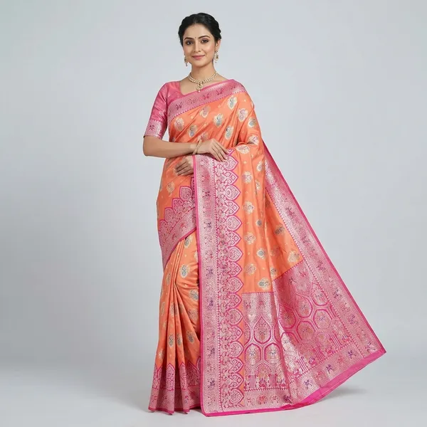 Orange_And_Pink_Banarasi_Silk_Saree_And_Unstitched_Blouse_For_Women