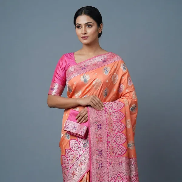 Orange_And_Pink_Banarasi_Silk_Saree_And_Unstitched_Blouse_For_Women