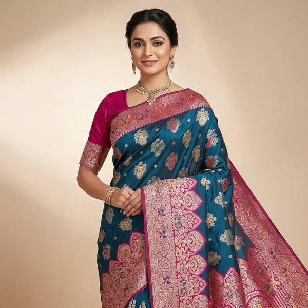 Petrol_And_Rani_Banarasi_Silk_Saree_And_Unstitched_Blouse_For_Women