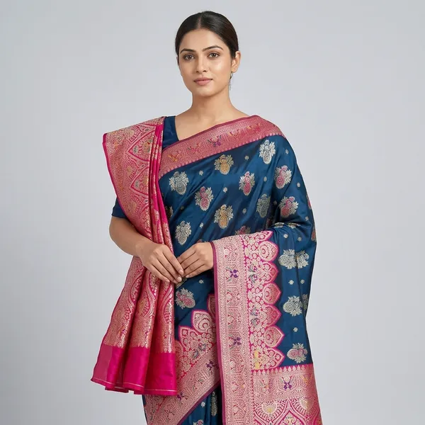 Petrol_And_Rani_Banarasi_Silk_Saree_And_Unstitched_Blouse_For_Women