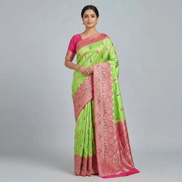 Pista_And_Rani_Banarasi_Silk_Saree_And_Unstitched_Blouse_For_Women