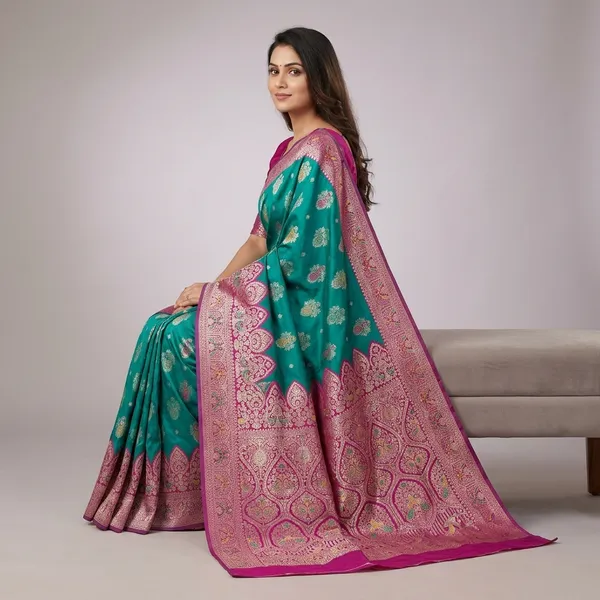 Green_And_Rani_Banarasi_Silk_Saree_And_Unstitched_Blouse_For_Women