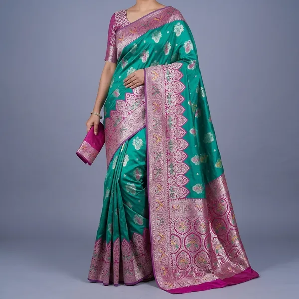 Green_And_Rani_Banarasi_Silk_Saree_And_Unstitched_Blouse_For_Women