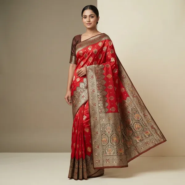 Red_And_Green_Banarasi_Silk_Saree_And_Unstitched_Blouse_For_Women