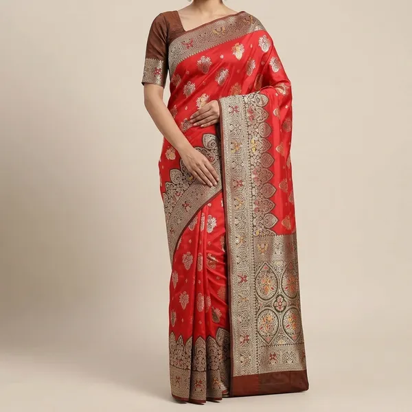 Red_And_Green_Banarasi_Silk_Saree_And_Unstitched_Blouse_For_Women
