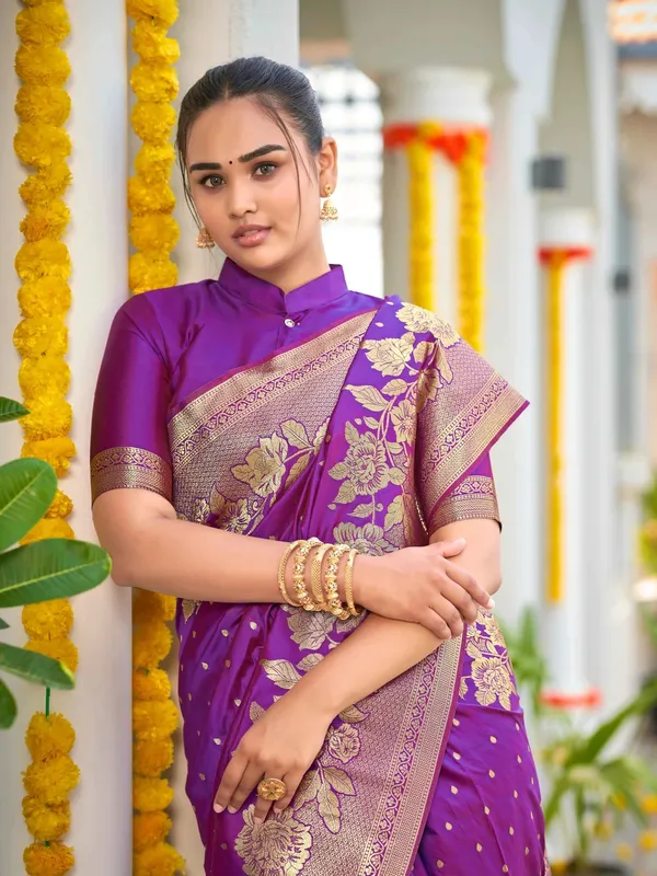 Violet_Golden_Floral_Silk_Saree_|_Designer_Wedding_Saree