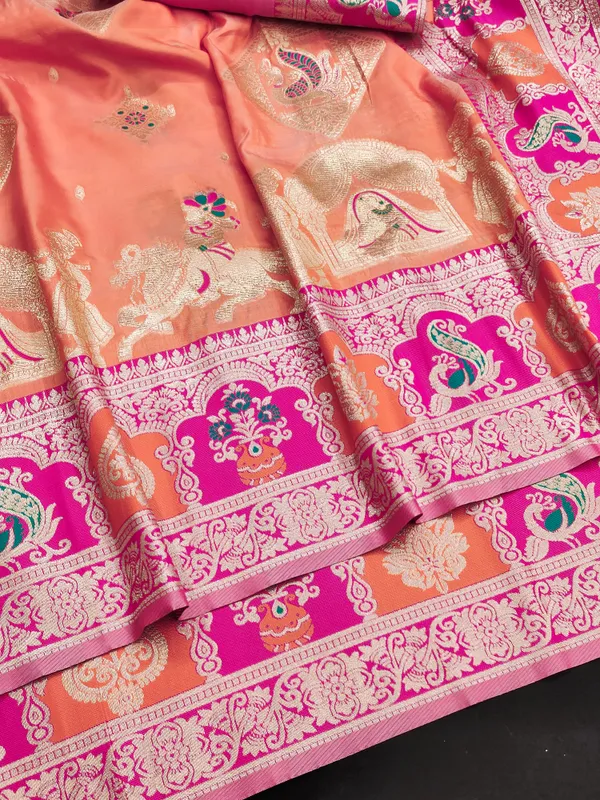 Orange_And_Rani_Banarasi_Silk_Saree_And_Unstitched_Blouse_For_Women