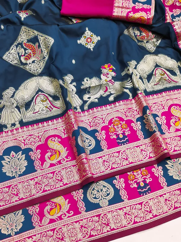 Petrol_And_Rani_Banarasi_Silk_Saree_And_Unstitched_Blouse_For_Women