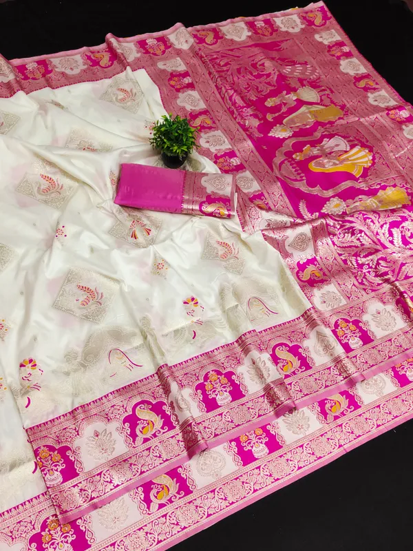 Cream_And_Pink_Banarasi_Silk_Saree_And_Unstitched_Blouse_For_Women